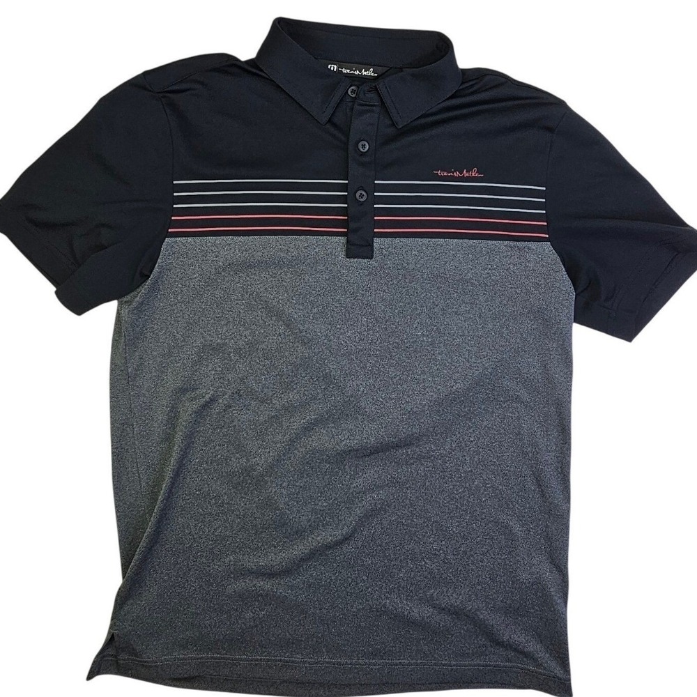 TravisMathew Mens Small Polo Shirt Black Grey Striped Gradient Performance Golf
